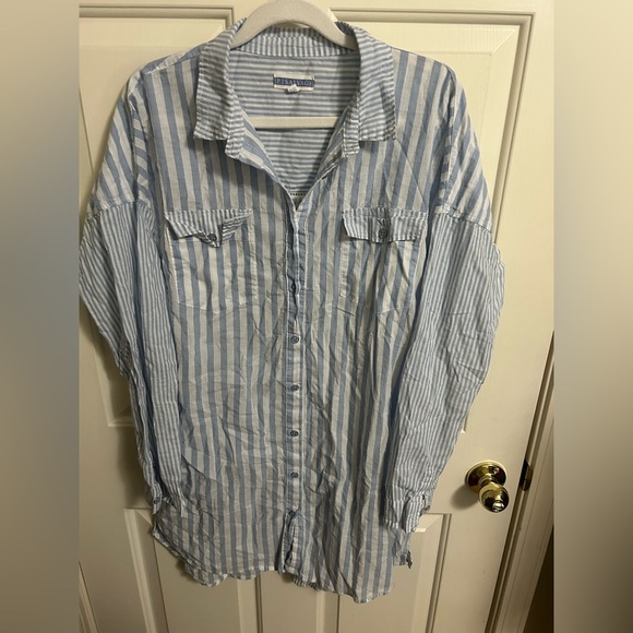 PJ Salvage Blue & White Striped Button Down Cotton Sleep Shirt Size Medium - Picture 1 of 6